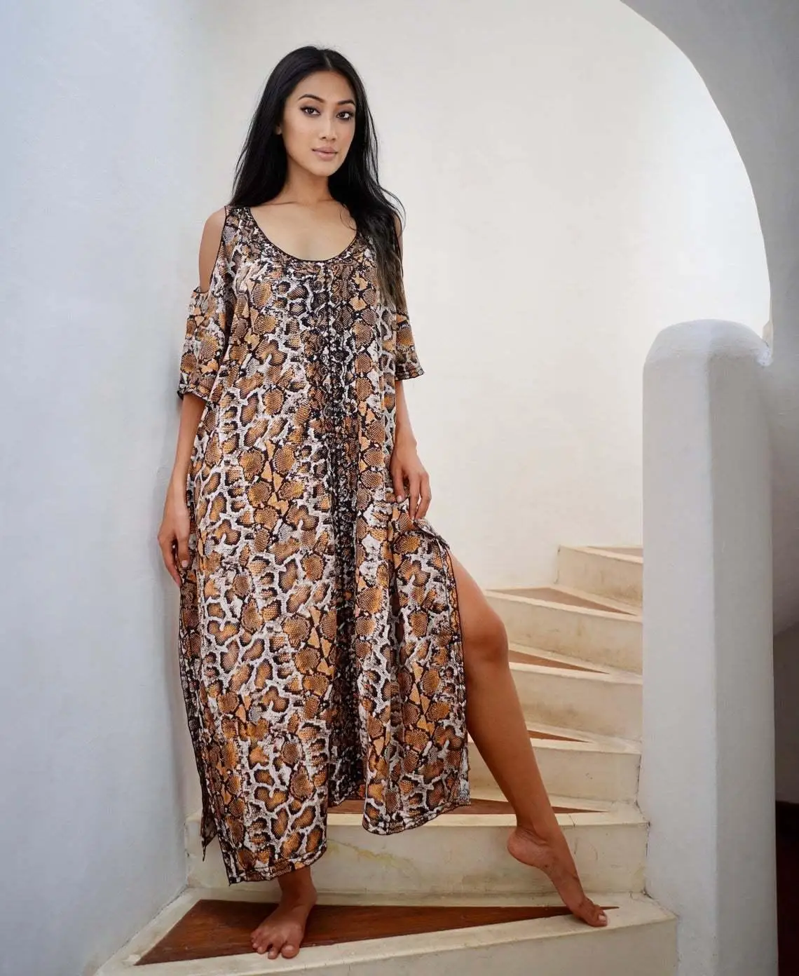 New Women Leopard Bikini Cover Up Long Kaftan Drop Shoulder Maxi Dress Women Summer Beach Wear Swim Suit Cover Ups