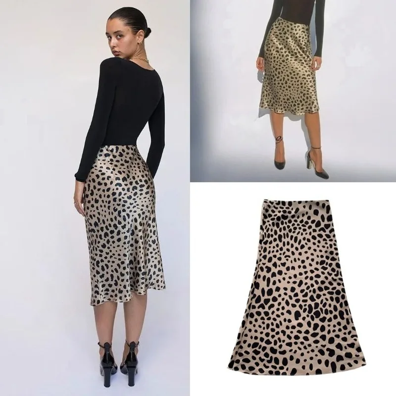 

LUXURY Leopard Print Slit Half Skirt with Polka Dots, Slim Fit, Casual High Waist, Hip Hugging, Mid Skirt, Women's Skirt
