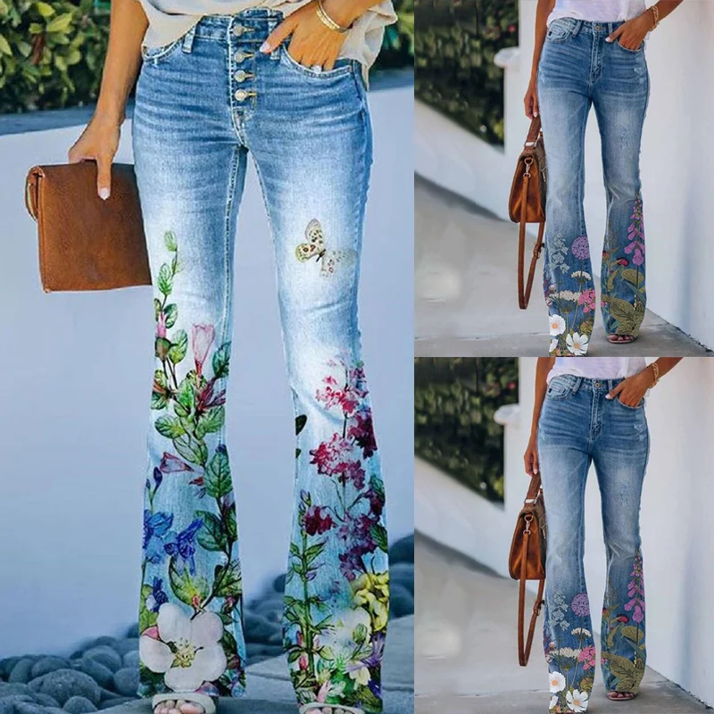 

Combhasaki Women Plus Size Y2K Vintage Flared Jeans Floral Print Thin Bell Bottoms Denim Slim Long Pants Trendy Bootcut Trousers