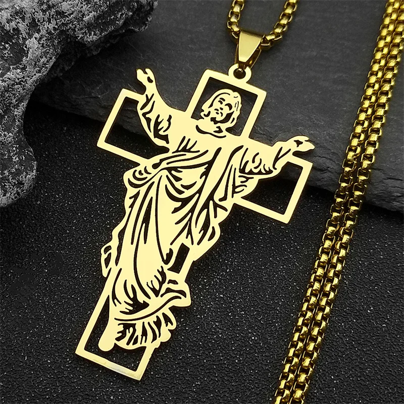 Orthodox Jesus Crucifix Cross Pendant Necklace for Women/Men Stainless Steel Gold Color Male Chain Jewelry collier N4573S02