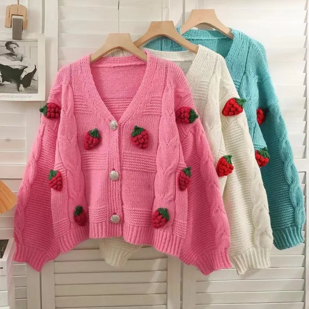 

Korean Style Women's Knitted Cardigan 3D Crochet Long-Sleeved Jacket Embroidered Strawberry Coarse Wool Autumn New Fashion