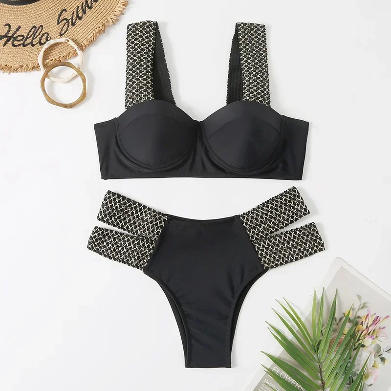 Sexy Black Push Up Bikinis Sets Shiny Bandage Swimsuits Women Swimwear Bathing Suits Brazilian Biquinis Underwire Bikini Mujer