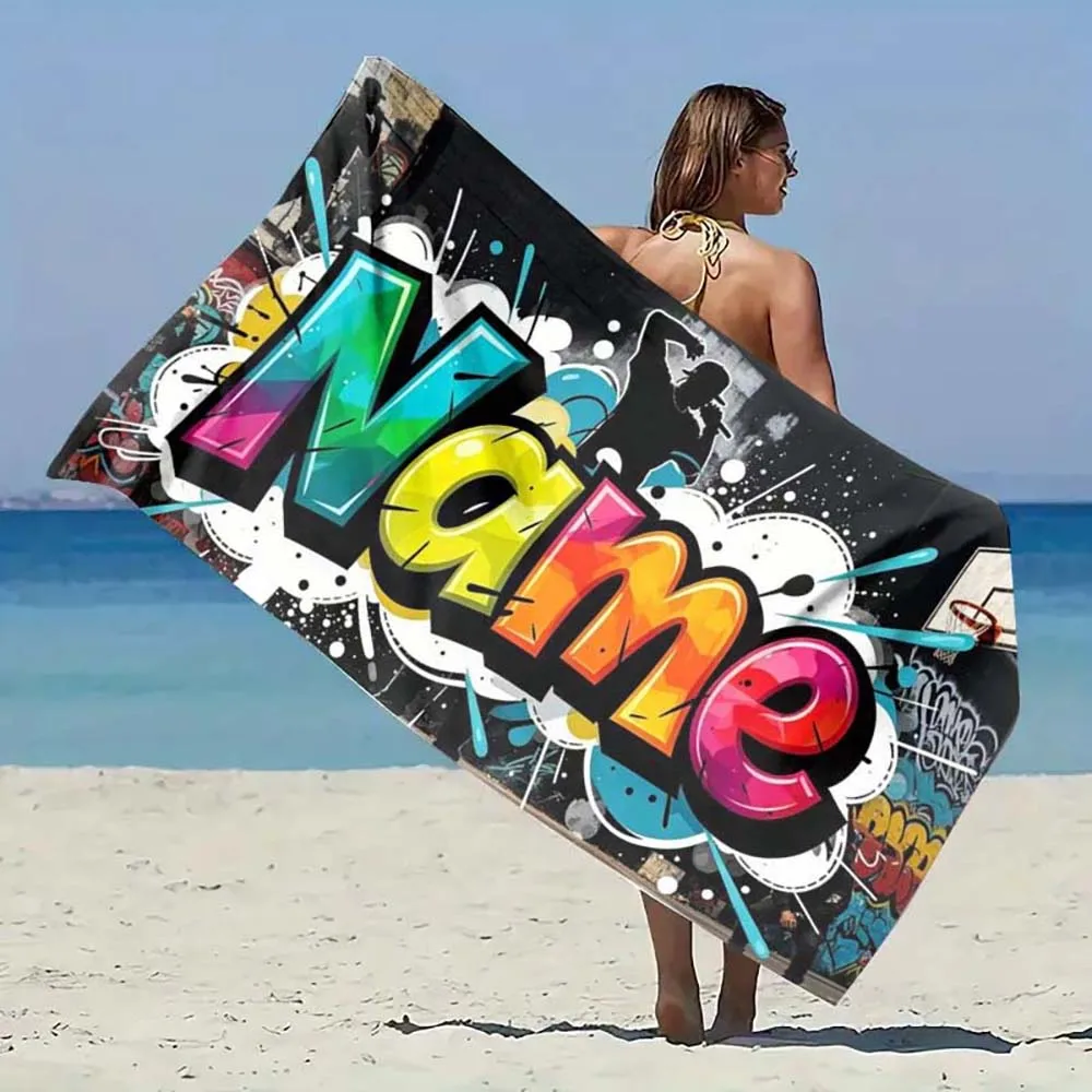 1pc  Graffiti Name Custom Beach Towel, Personalized Hip Hop Street Art Quick Dry Bath Towel for Summer Beach Pool
