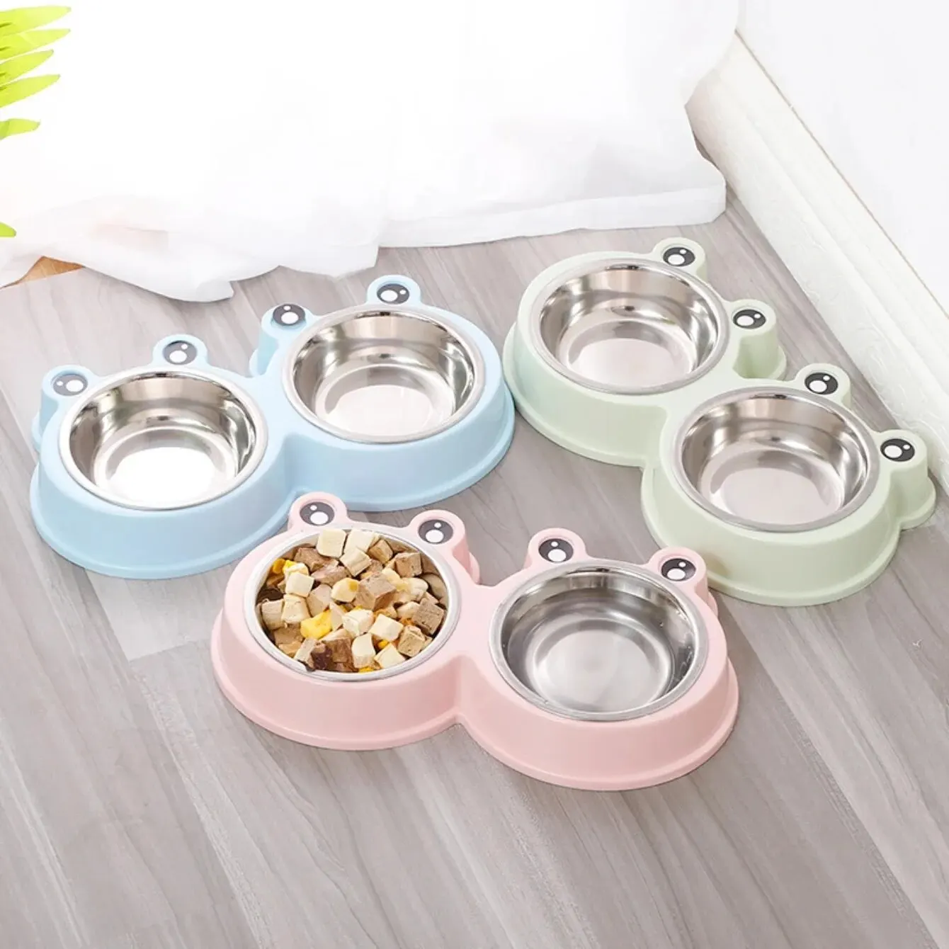 Pet Dog Food Feeder Double Bowl Stainless Steel Rounded Cute Cartoon Frog Style Thickened Combo Anti-skid