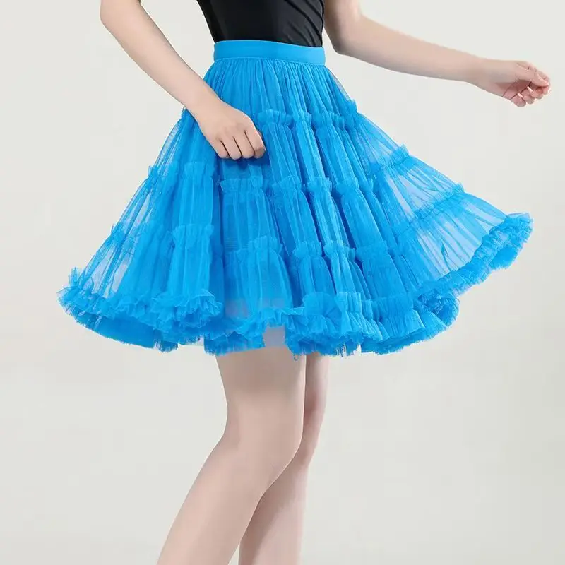 Pleated Mesh Tutu Tulle Skirt Women Summer High Waist Solid Color Ruffle Party Dance Short Mini Skirt Cake