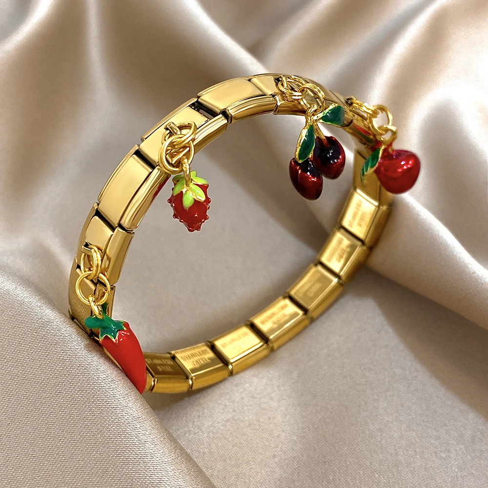 Greatera Fruits Series Stainless Steel Bangle For Women Chili Apple Cherry Strawberry Pendant Strap Bracelet Jewelry Gift Chic