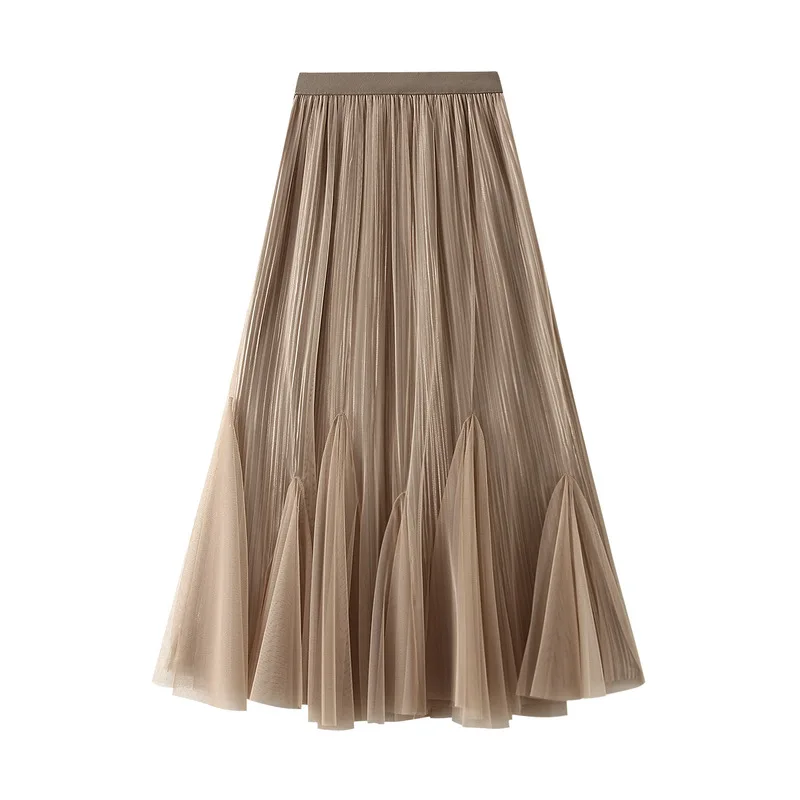 Ancient Falling Gauze A-Line Skirt Double Side Slim Fishtail Women Elastic Waist Autumn Big Swing French Half Body Skirt