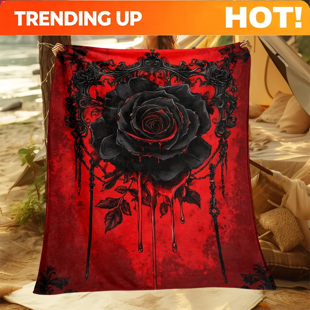Customization 2D Flat 1pc Black Rose On Red Background Outdoor Ultra-Soft, Lightweight, And Portable Flannel Blanket - Lightweig