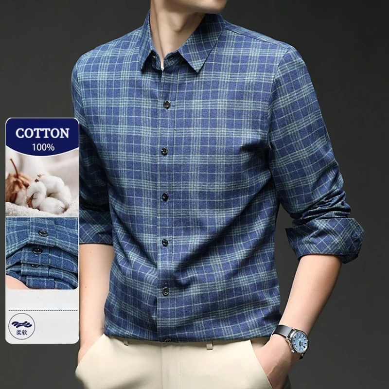 

​​100% Cotton Men's Cotton Check Shirt - Blue Check (Yellow Check) 48-56 Classic Plaid Design​ Daily Wear / Spring Autumn