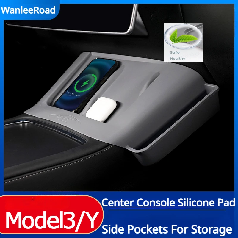 Central Control Wireless Charging Pad With Side Pocket for Tesla Model 3/Y Silicone Comfortable Car Accessories 2021-2023