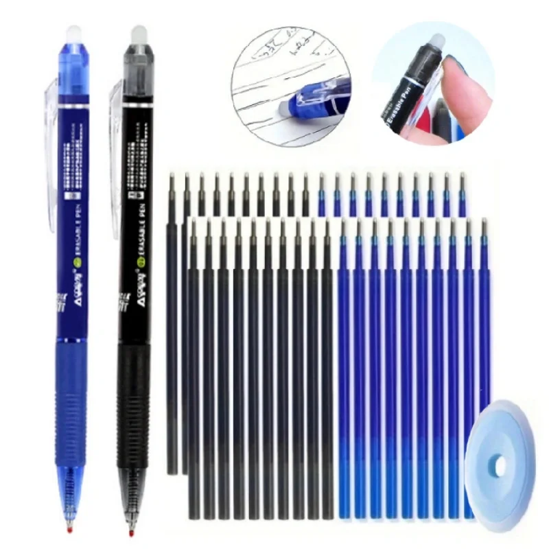 Stylo Gel effaçable à encre de grande capacité, 23 pièces/ensemble 0.5mm, avec recharge, papeterie d'écriture de bureau, stylo effaçable à encre magique noir/bleu