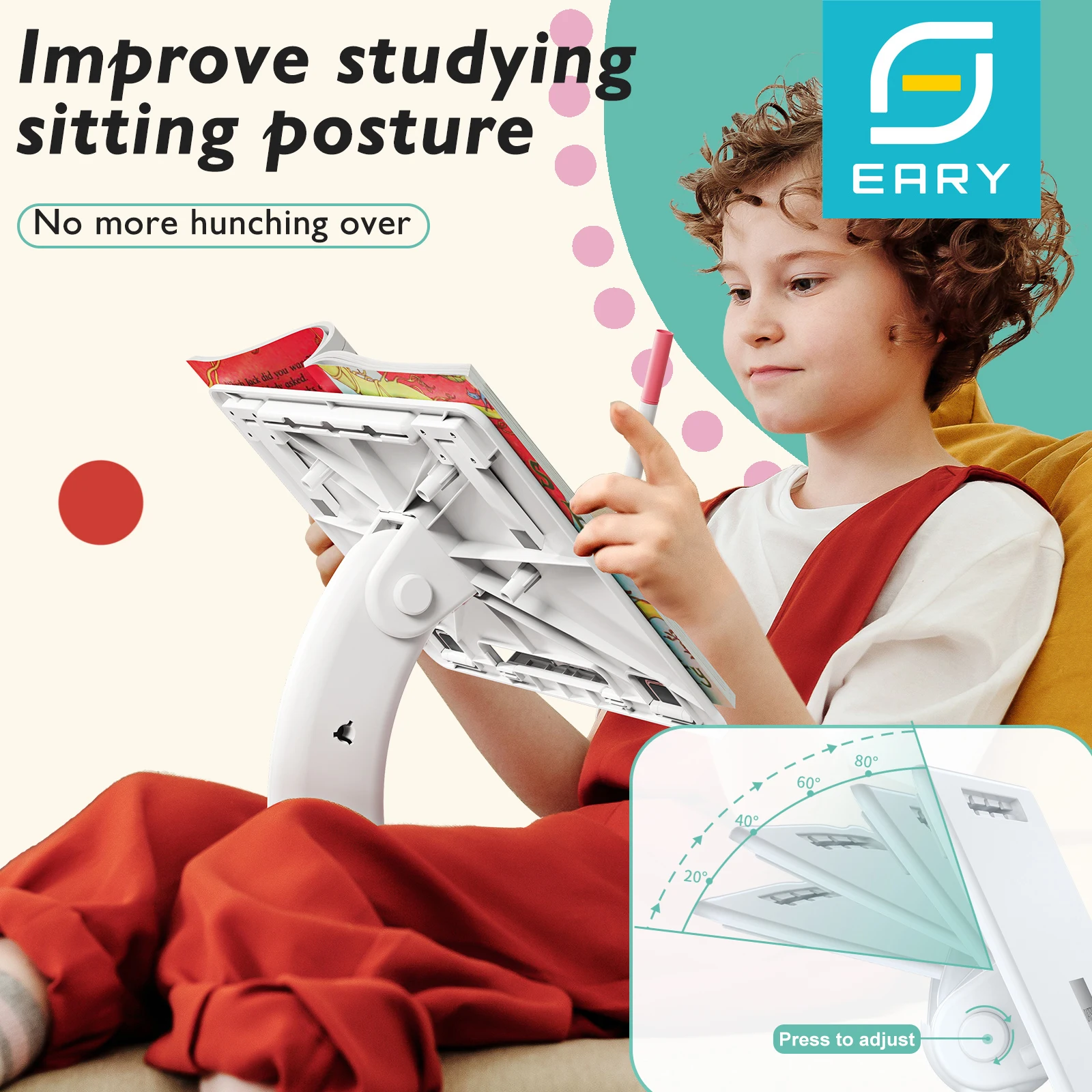 Eary Book Stand for Reading Laptop Holder with Stable Base Elastic Page Paper Clips Display Stand for Cookbooks Magazines Tablet