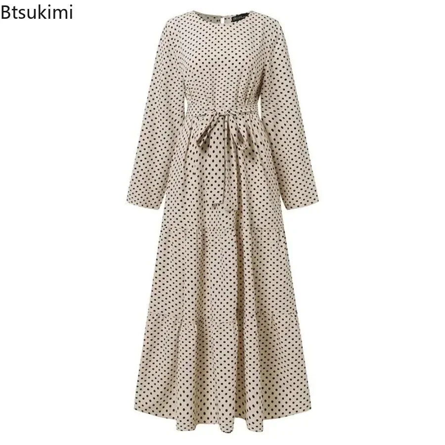 2024 Women Polka Dot Long Sleeve Dress Stylish Belts Party Robe Loose Maxi Dress Woman Muslim Kaftan Morocco Abaya Hijab S-5XL