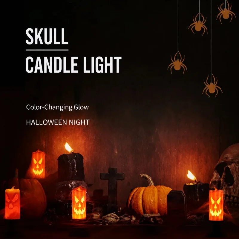 2Pcs Halloween LED Flameless Candle Light Pumpkin Skull Pattern Glowing Haunted House Party Tabletop Decor Ornament