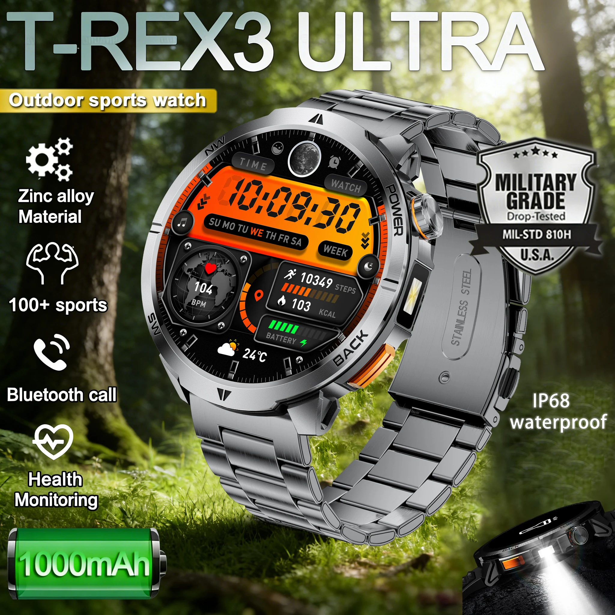 

Новые смарт-часы T-Rex 3 Ultra 2026 года с аккумулятором 1000 мАч, водонепроницаемые IP68, с фонариком, пульсометром и спортивным трекером. Подарок для мужчин.