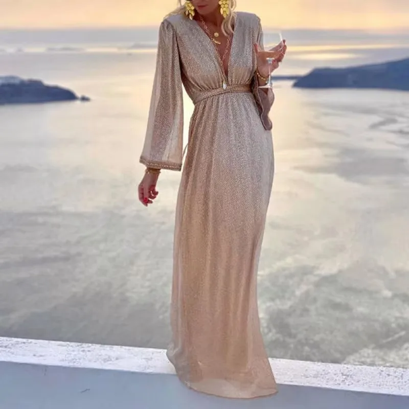 European and American Women's Dress Apricot Colored Fashionable V-neck Long Sleeved Sequined Dress Dress for Women  Dresses