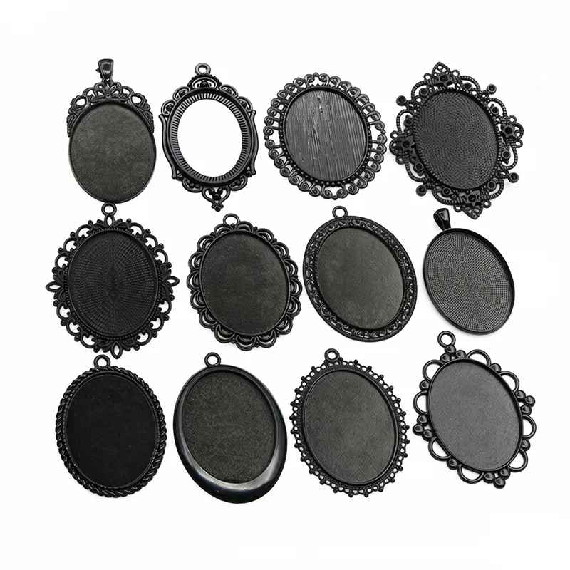 5pcs 30x40mm Inner Size Black Alloy Metal Oval Pendant Cabochons Blank Base Setting Bezel Tray DIY Jewelry Making Accessories