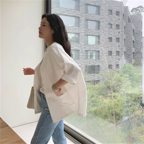 캐주얼 루즈핏 린넨 숏 자켓 여성 여름 신상 한국 스타일 자외선 차단 탑 시크 오픈 가디건 에어컨 셔츠