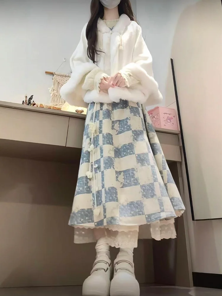 

Winter 2025 Women's Soft Style Plush Cloak Outerwear Base Shirt Skirt Three Piece Set Warm Mid-Length Lantern Sleeve Casual