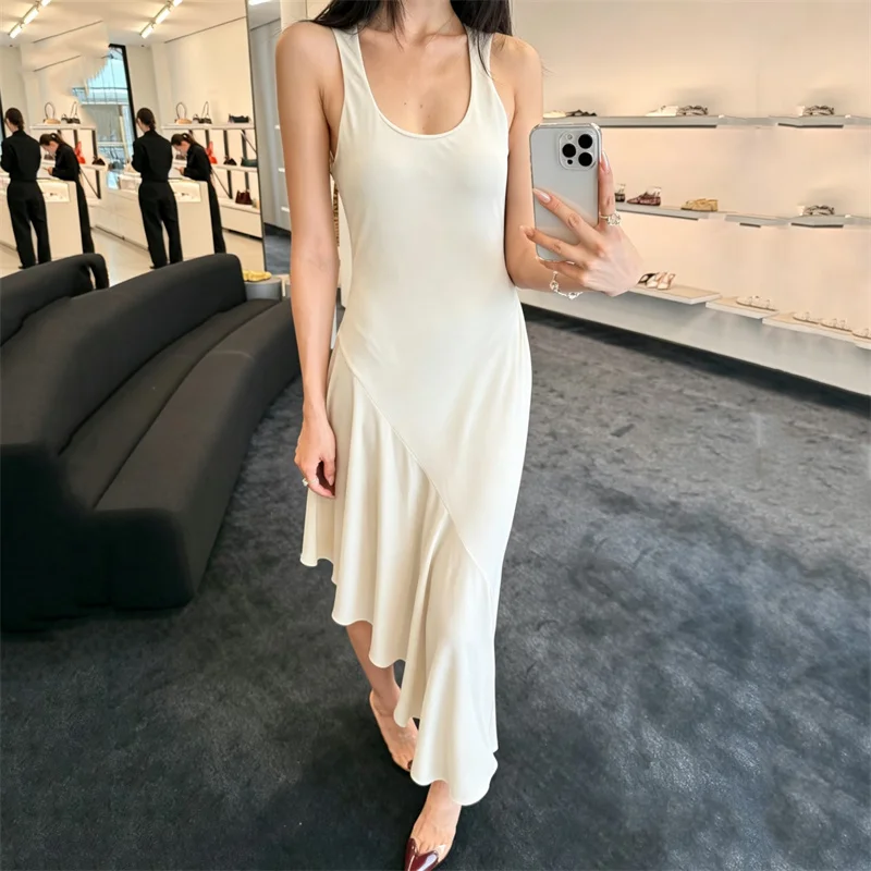 women's dress New elastic slim fit long dress for summer 2026 asymmetrical ruffle edge pleated dress y2k sleeveless party dress