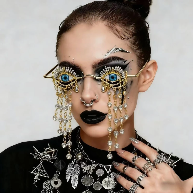 Gothic Eyeballs, Rhinestone Tassels, Witch Glasses, Small Metal Frames, Dark Halloween Stage Party, Personalized Sunglasses