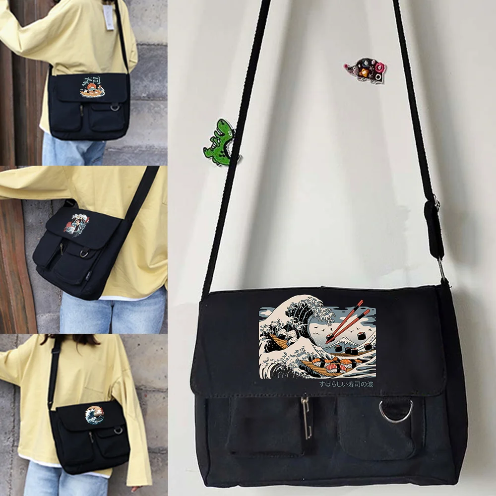 Women's Canvas Crossbody Bags Fashion Shoulder Bags Student High Quality Storage Bag Wave Print Casual Large Capacity Handbag