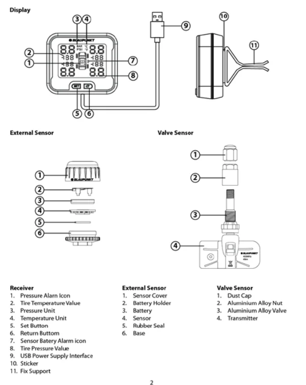Drahtloses USB-TPMS-Reifendruckkontrollsystem mit internem Sensor für 4 Autoreifen