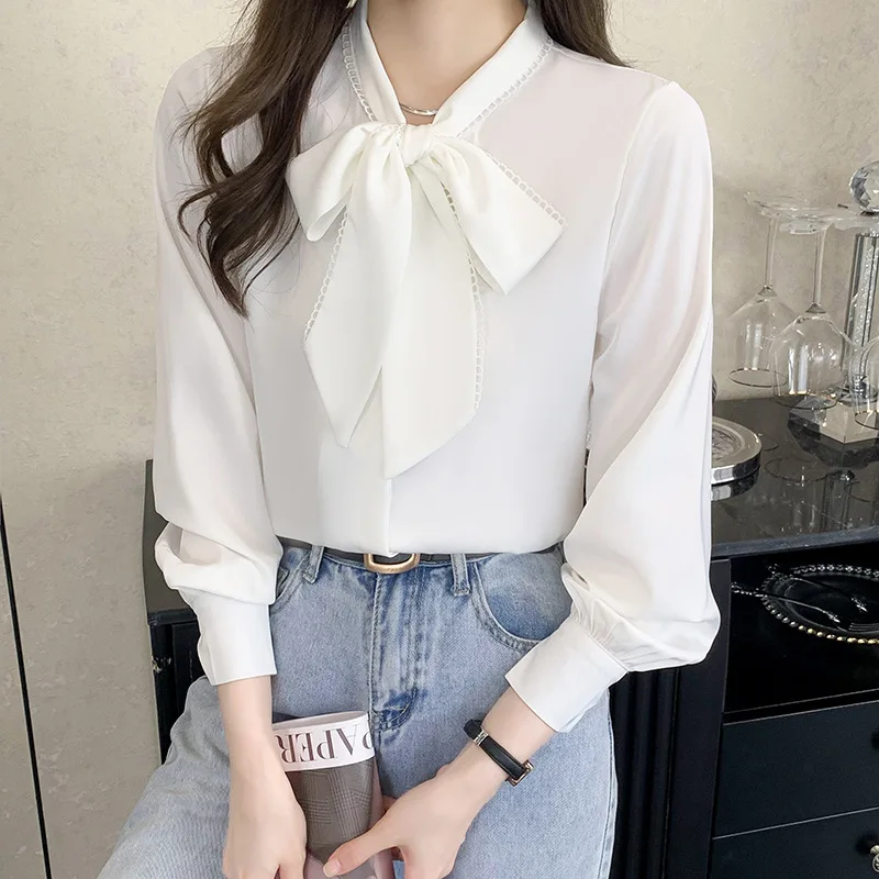 Spring Casual Satin Women Blouse Fashion Long Sleeve Shirt Office Lady Elegant Bow Neck Tops