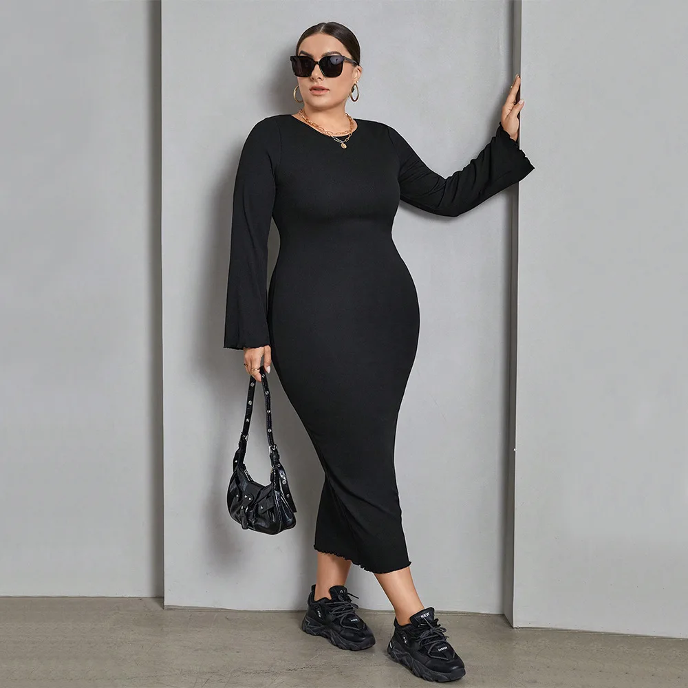 Plus Size Women Dresses 2023 Autumn Winter Fashion Knitted Sexy Backless Dress Casual Solid Color Long Sleeve Elegant Dresses