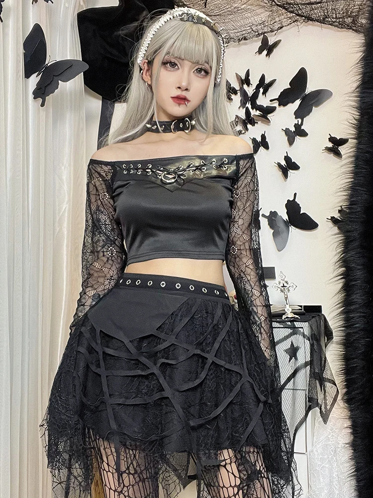 Jupe gothique k en dentelle lourde, ourlet asymétrique, Costume d'halloween pour femmes, taille haute, jupe trapèze en Fiber de Polyester