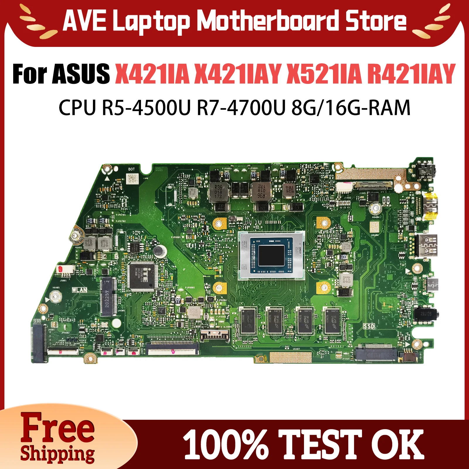 X421IA Mainboard For ASUS Vivo Book X421IAY X521IA R421IAY Laptop Motherboard With CPU R5-4500U R7-4700U 8G/16G-RAM 100% Test OK