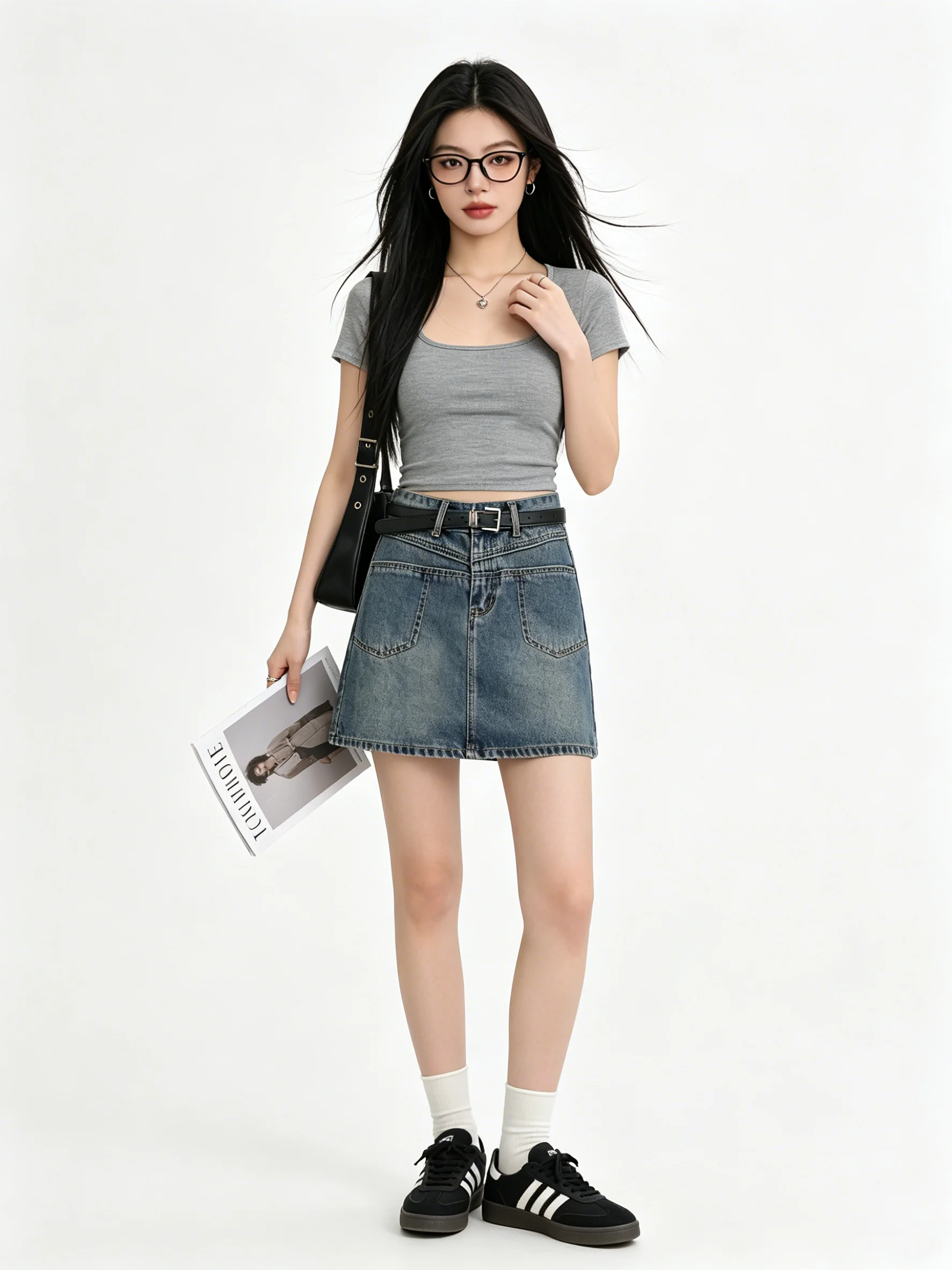 

Retro Korean Design A-Line Skirt Women's Jeans High Waist Slim Fit Summer New Style Commute Pocket Detail Casual Skirt