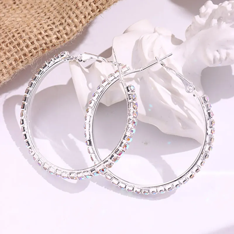Laser Zircon Rhinestone C Shaped Hoop Earrings for Women Girl Trendy Exaggerate Shining Punk Luxury Wedding Party Accessories
