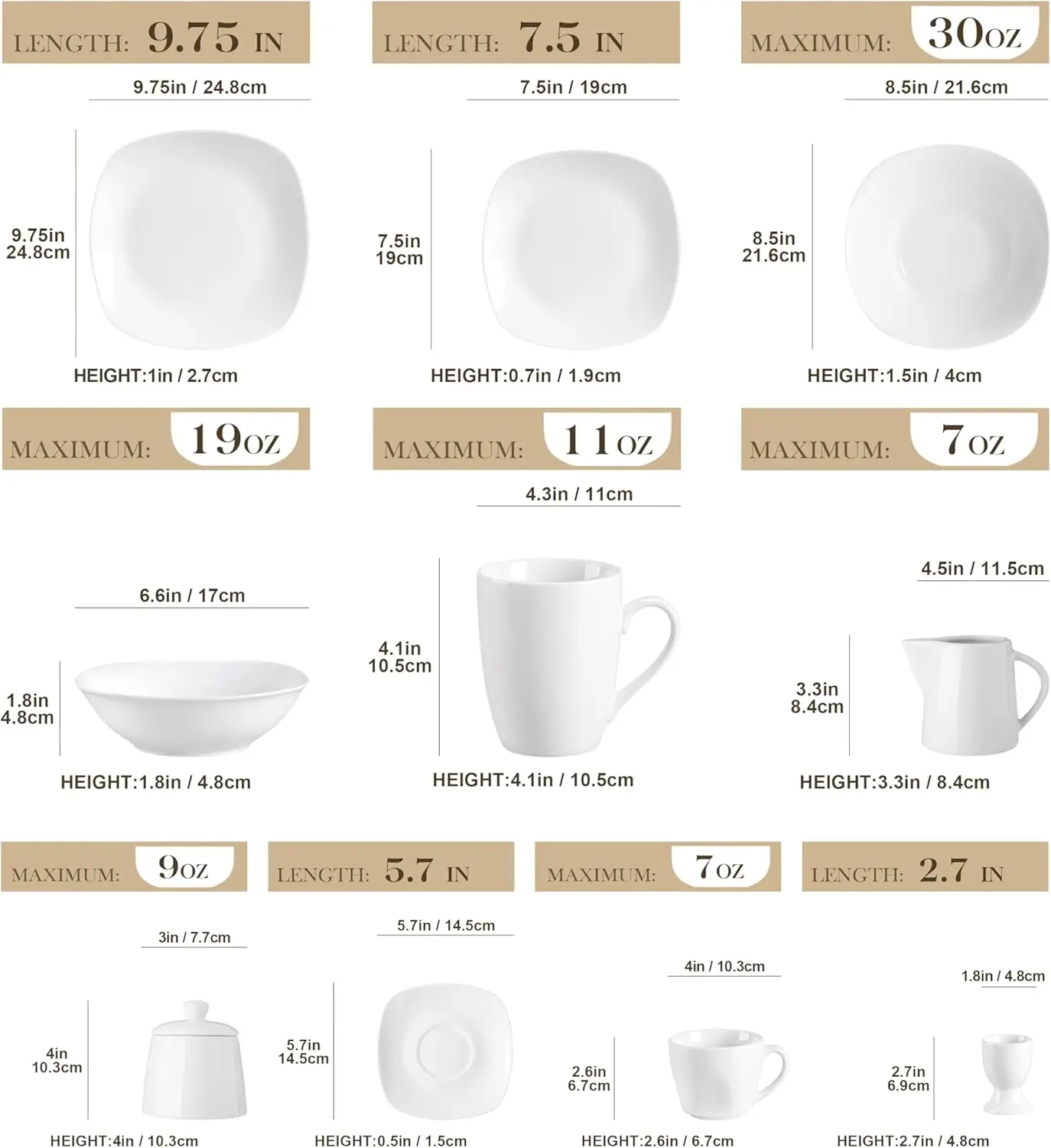 Dinnerware Sets 100-Piece Grey White Dish Set for 12 Square Dinner Set with Plates and Bowls Cups and Saucers Egg Cups Sugar Pot