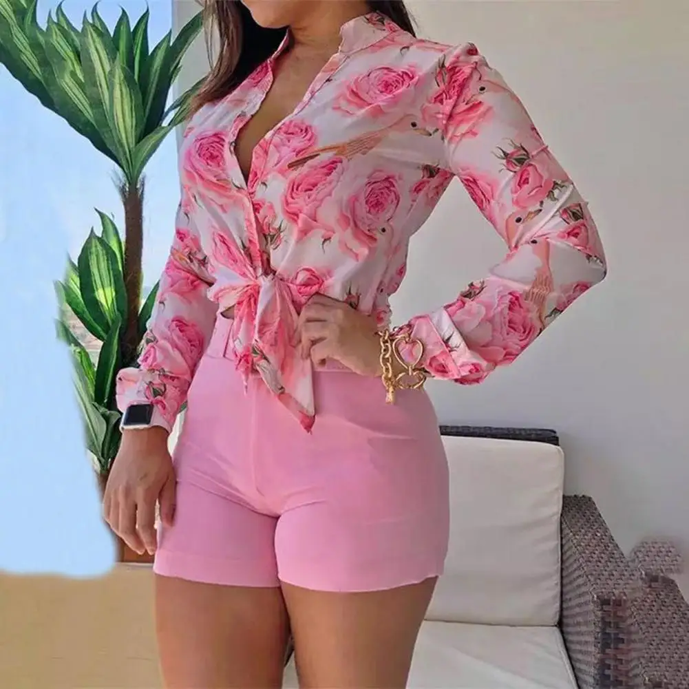 Women\'s Shorts Suit Summer Fashion Sexy V Neck Long Sleeve Shirts Slim Wear A Belt Elegant Female Blouse Office Two Piece Set