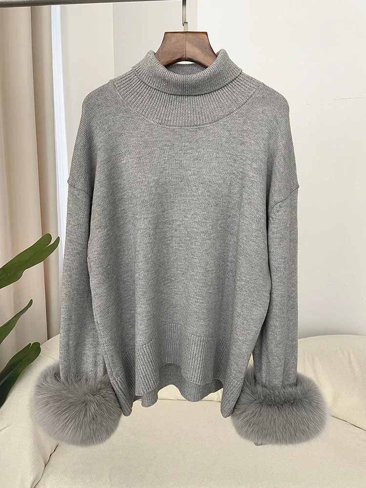

FURYOURSELF 2025 Women Wool Pullovers Oversized Real Fox Fur Cuffs Sweater Elegant Office Lady Clothing Loose Turtleneck Jumper