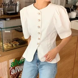 Neploe Fashion Simple O-neck Pearl Button Coat Women 2024 Summer New Slim Fit Jackets Y2k Puff Sleeve White Tops Mujer