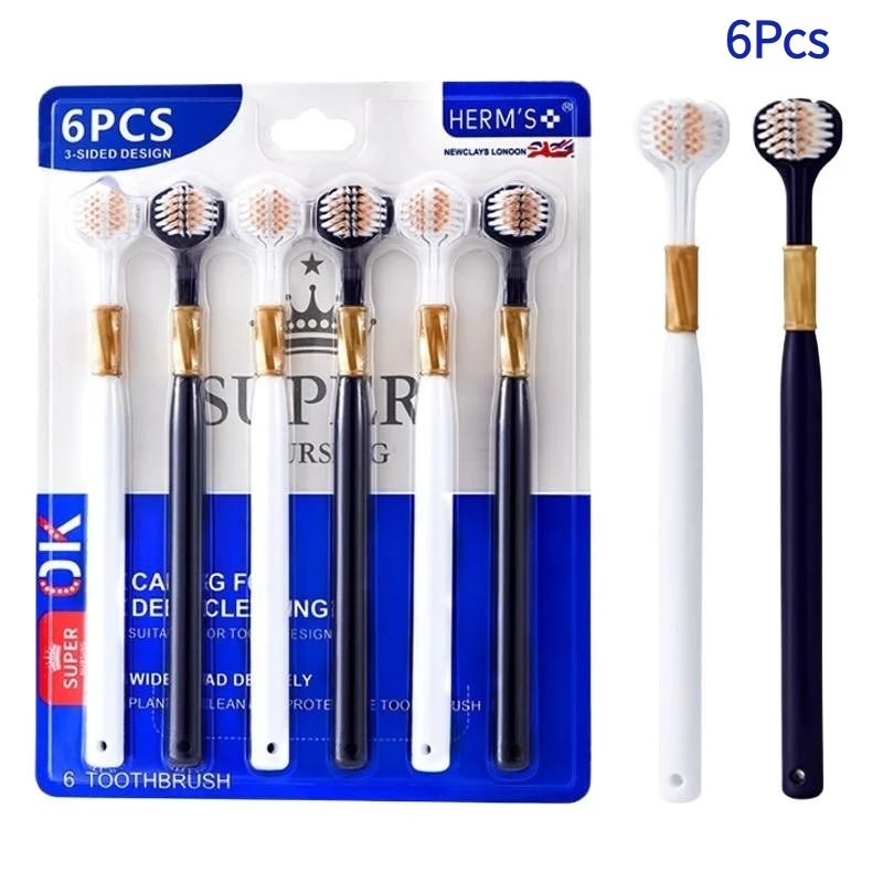 6Pcs Family Soft Bristled Three Sided Toothbrush - Efficient Cleaning Three Headed Manual Toothbrush.