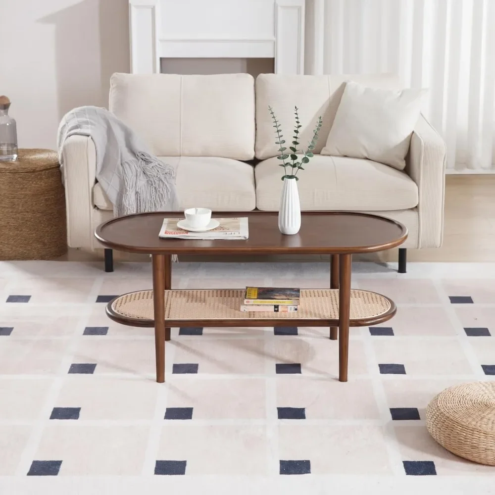 Rattan Coffee Table, Modern Walnut Wood Coffee Table with Rattan Storage Shelf for Living Room, 2-Tier Center Table Side Table