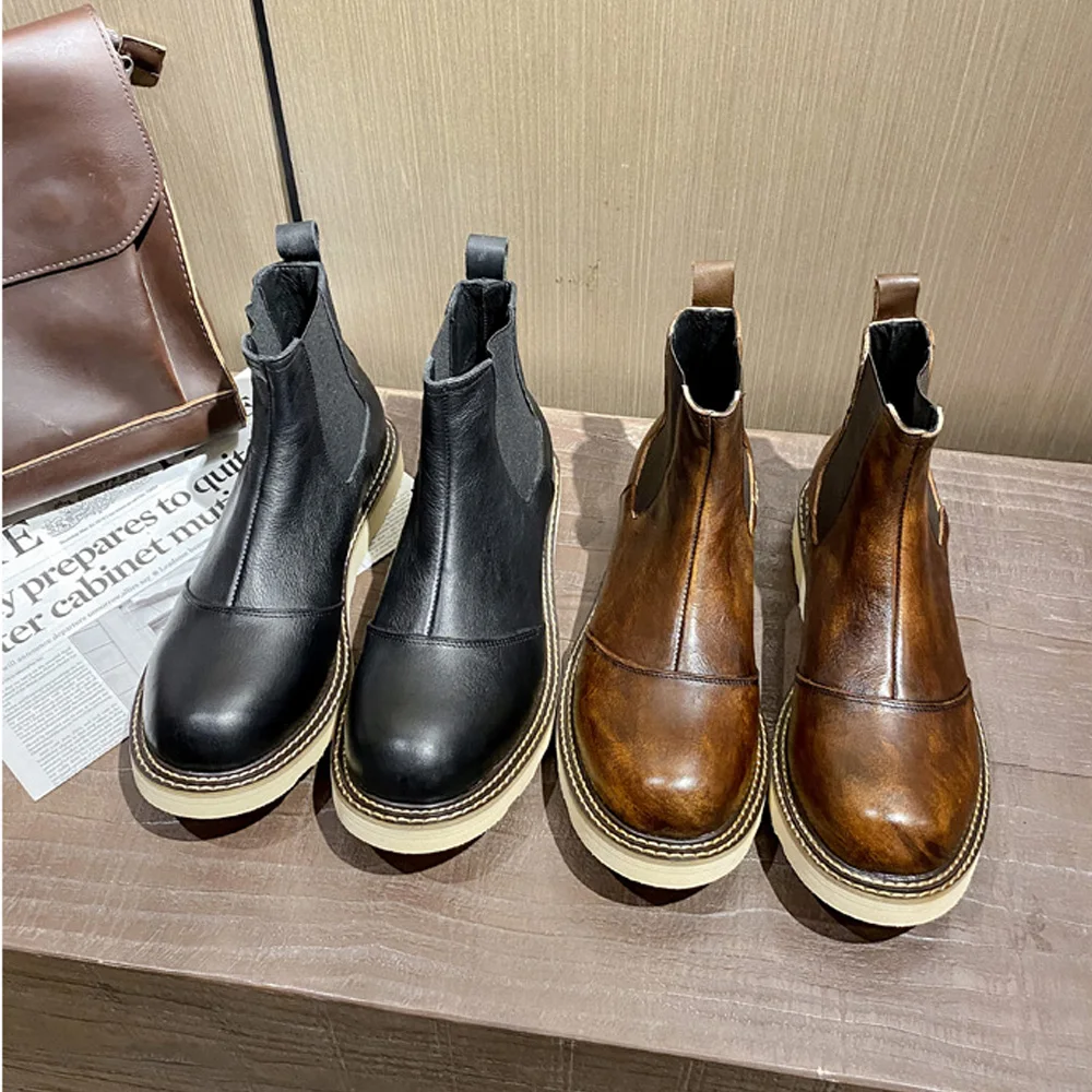 Retro Men's Genuine Leather Chelsea Boots High Top Leather Shoes Outdoor Platform Ankle Western Work Boots Elastic Oxfords - view 6