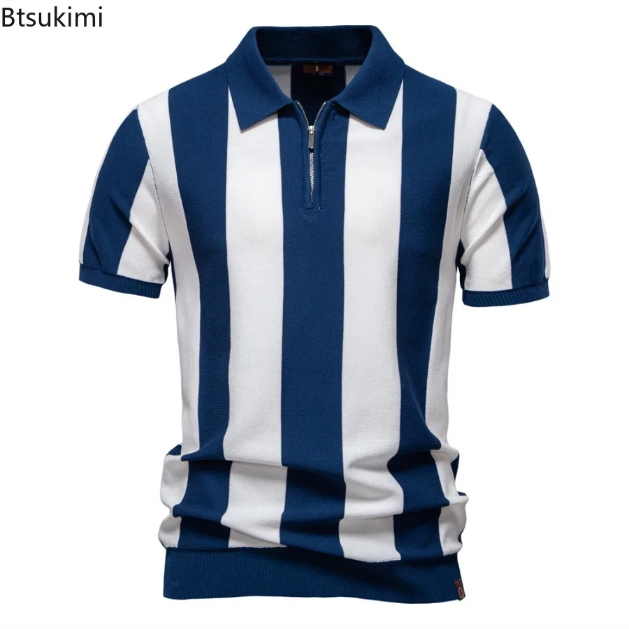 2026 Men's Summer Breathable Stripe Contrast Panel Polo Shirts New Business Casual Short Sleeve Knit Shirt Male Golf Sports Tops