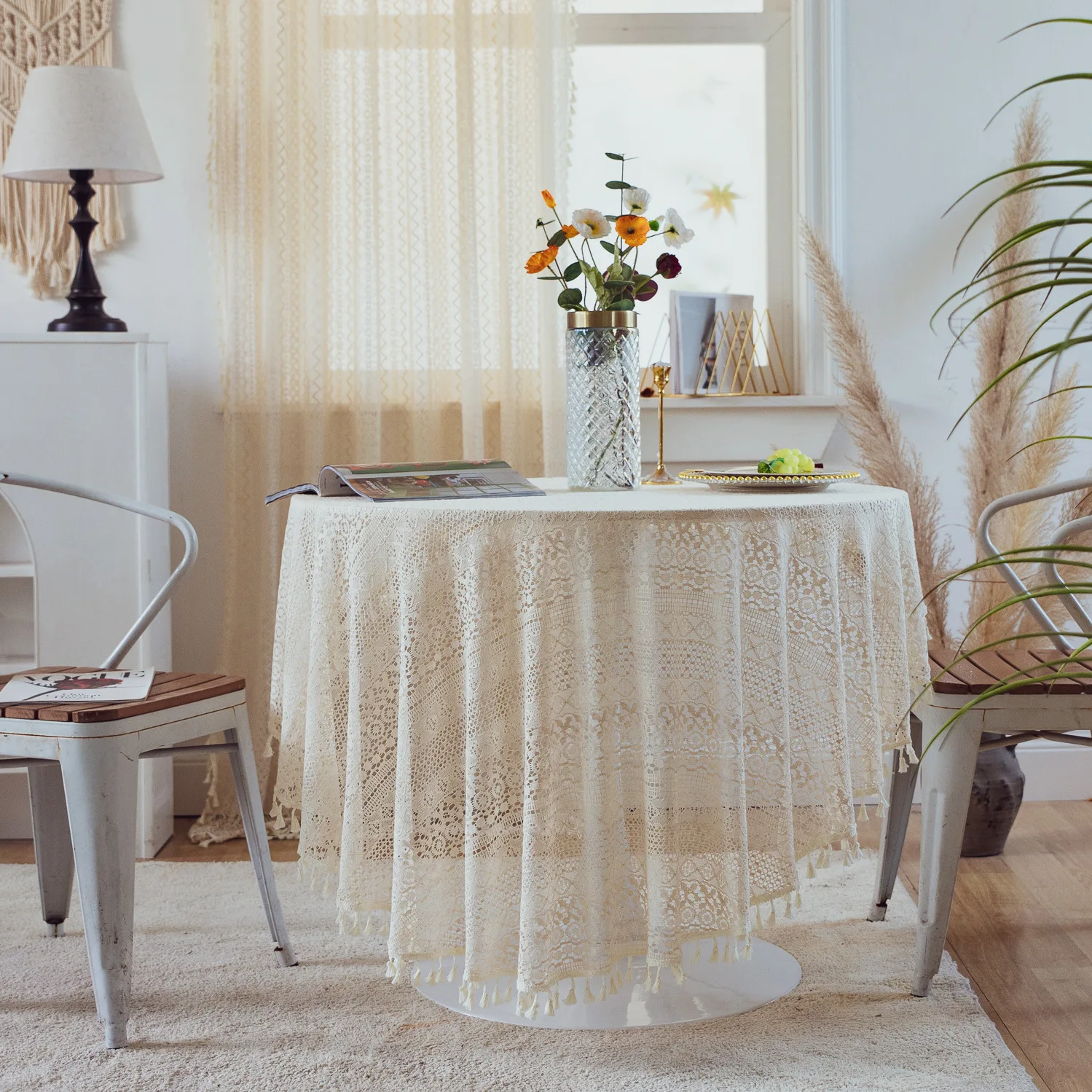 Boho Tablecloth Lace Crochet Table Cloth Farmhouse Vintage Table Cover Washable Tassel Table Clothes for Dining Kitchen Party