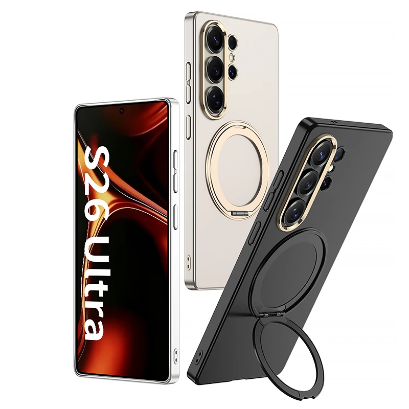 Galvanisierter Drehbarer Halter Magnetische Kabellose Ladehandyhülle für Samsung Galaxy S26 Ultra Leder Stoßfeste Schutzhülle
