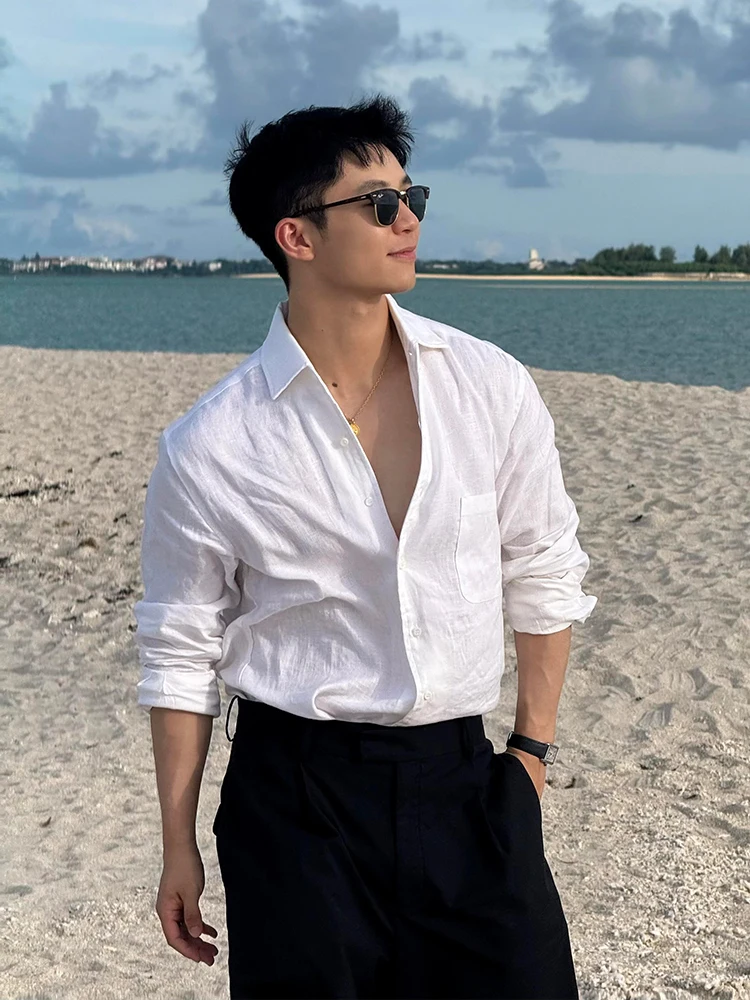 

Beach Sle Linen White Long Sve irt для мужчин, свободная посадка, защита от солнца, внутренняя одежда, повседневная свободная мужская одежда