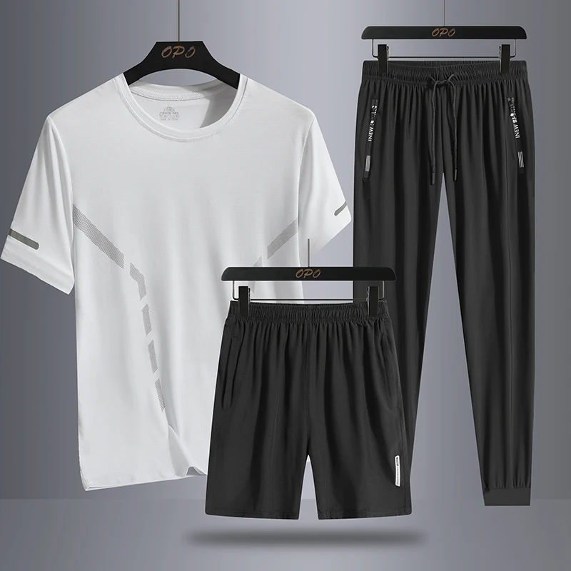 Men\'s Summer Simple Ice Silk Trendy Personalized Three piece Set with Round Neck T-shirt, Shorts, Pants, Loose Sports Set