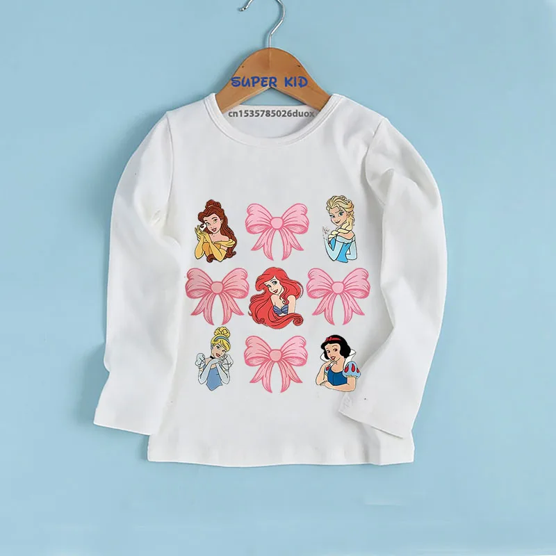 خريف 2025 ديزني المائية الأميرة فتاة طويلة الأكمام تي شيرت سندريلا إلسا حسناء ارييل أورورا Kawaii فتاة قاع الملابس #1