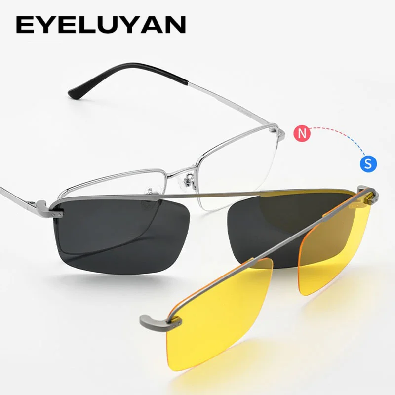 

Оправа для очков EYELUYAN 2-в-1 с магнитным креплением для мужчин, титановая полуоправа, оправа для коррекции зрения с поляризационными и ночными линзами