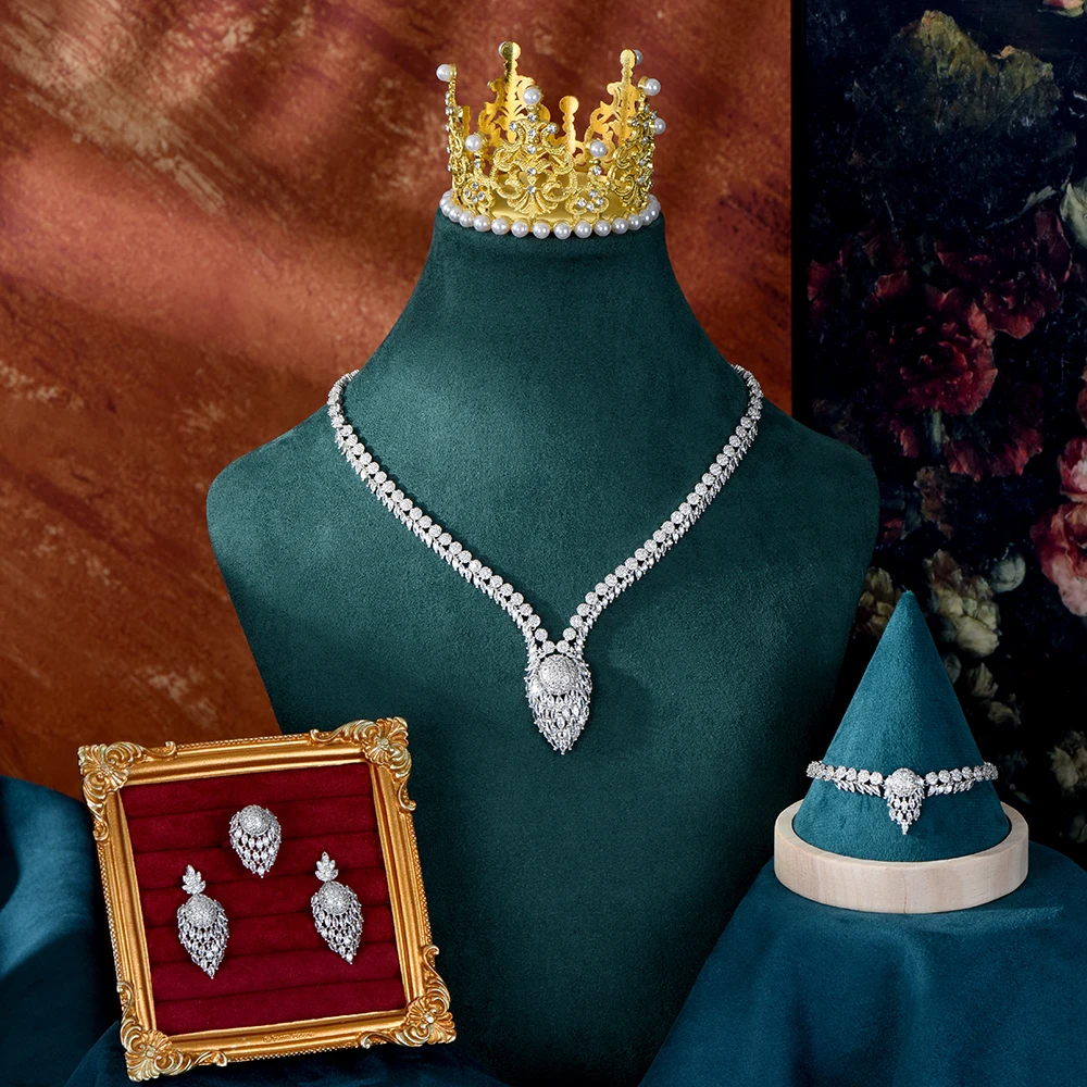 

HIBRIDE Sparkling stereo sliver color Jewelry Necklace Earrings Women's Light Luxury Decoration Dubai Wedding Holiday Gift L-11