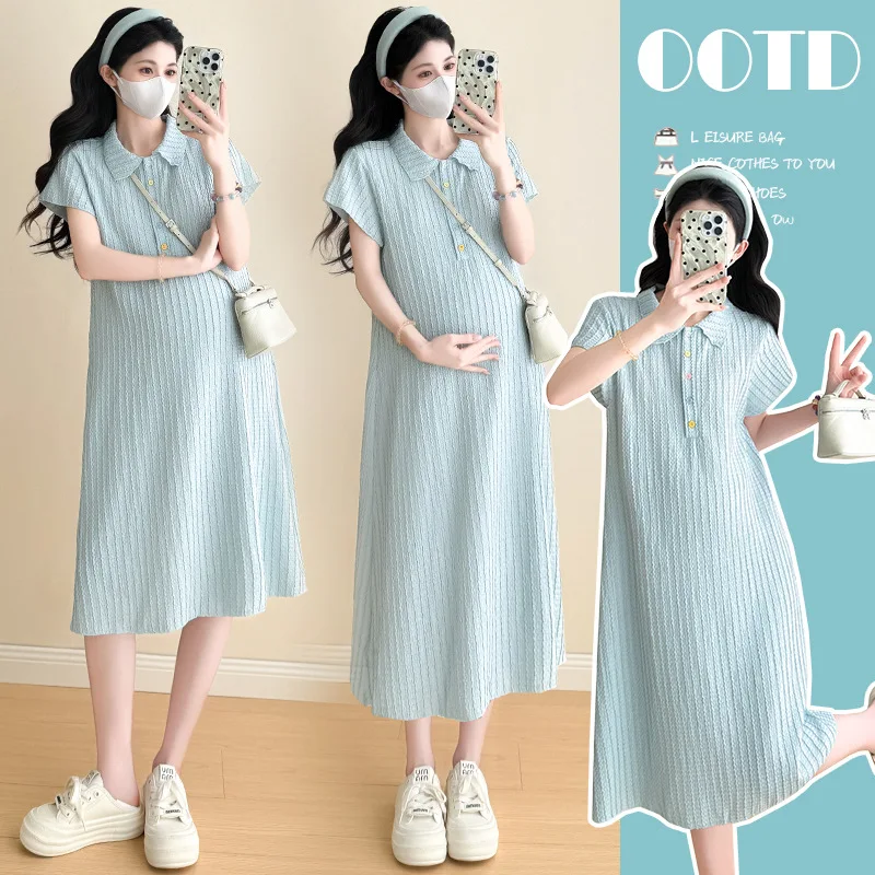 

2025 Pregnancy Maternity Dress Summer Cool Light Short Sleeve Polo Collar Slimming Flattering Midi Length Polo Dress for Women