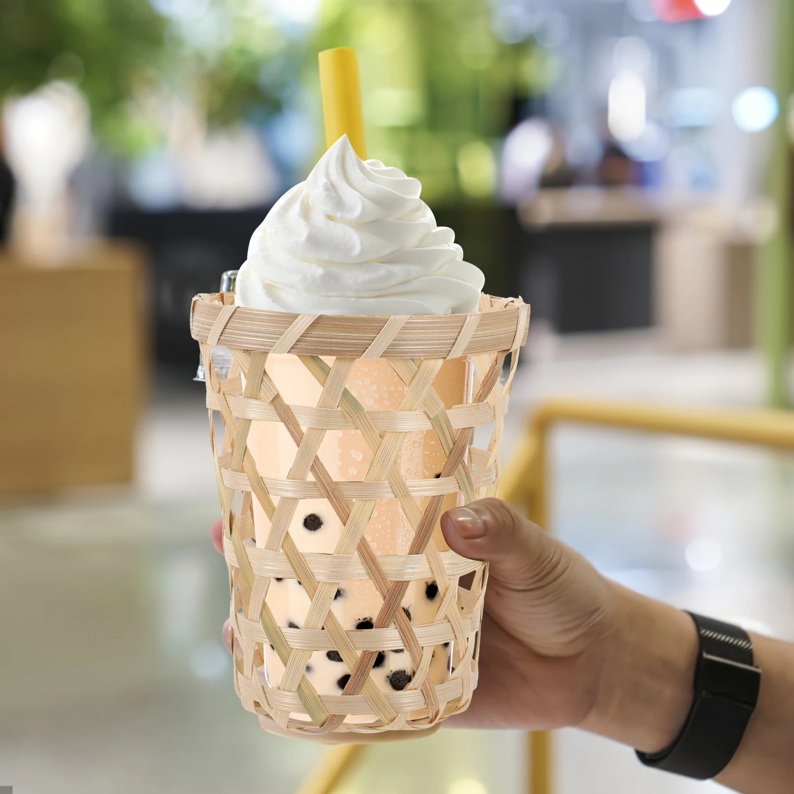 

2 Pcs Bamboo Milk Tea Cup H woven Coffee Coasters 11cm Tall 400ml Capacity Mug Insulation Holder Glass Woven Kitchen Bar